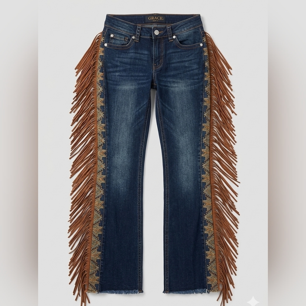 Grace in LA Tassel Fringe Trim Cowgirl Easy Fit Jeans Sz 24 x 29